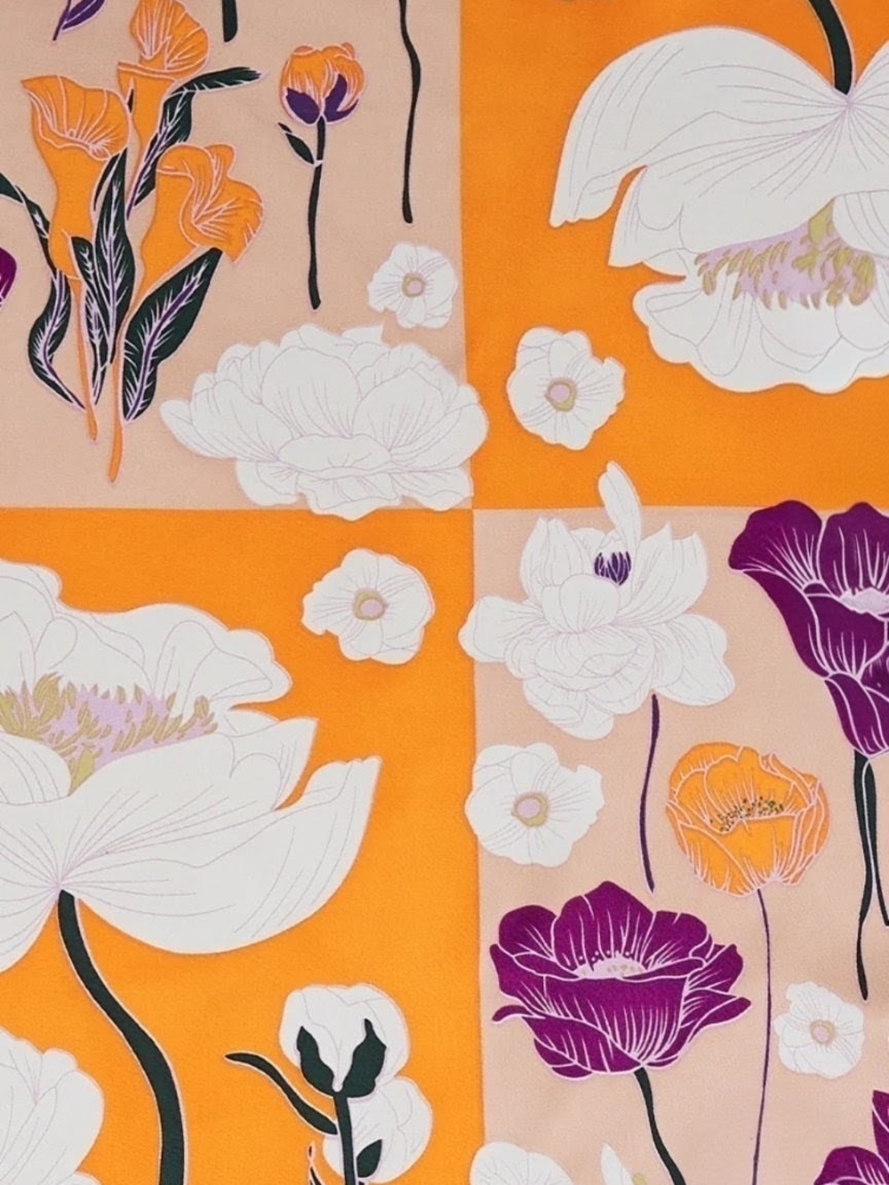 💜 "Orange Sky" Purple, Orange And White Floral Square Scarf - Picture 2 of 6